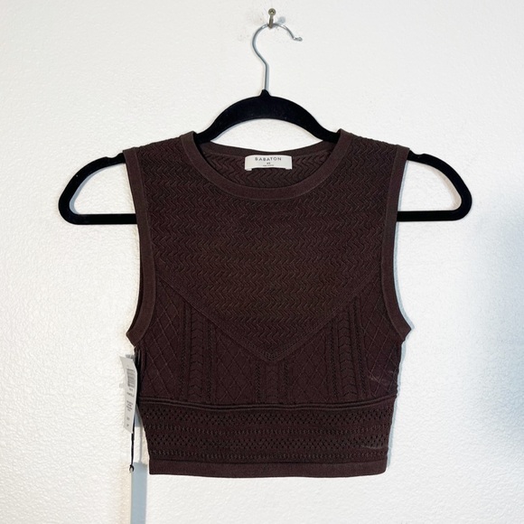 Aritzia Tops - NWT Aritzia Babaton Pointelle Crop Top XS Rich Mocha Brown Crew Neck Knit Indie